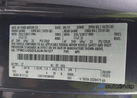 2018 Ford Escape Se z USA, uszkodzony, nr VIN 1FMCU0GD3JUA16127